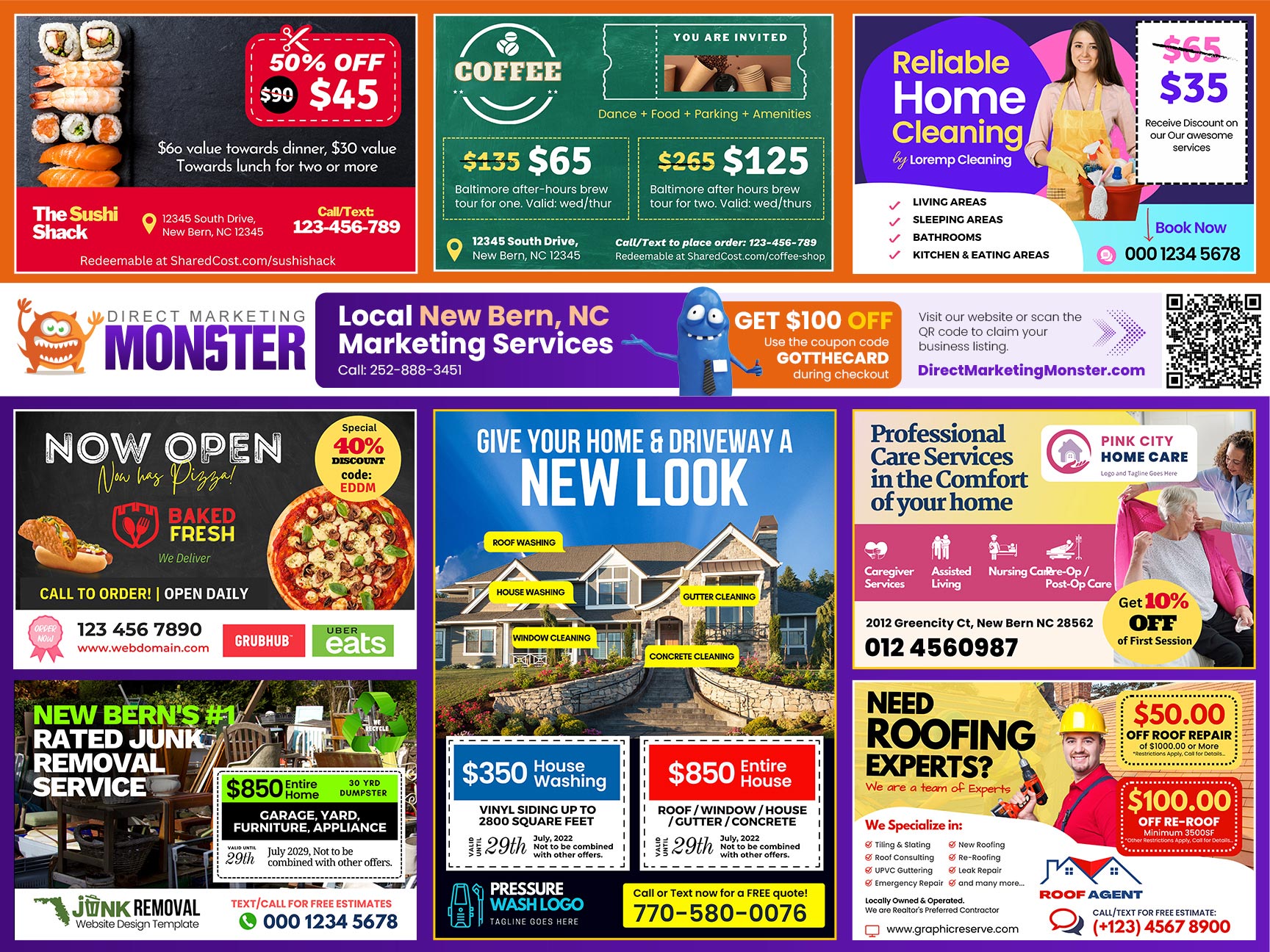 December card, front — twelve advertiser slots around a Direct Marketing Monster banner