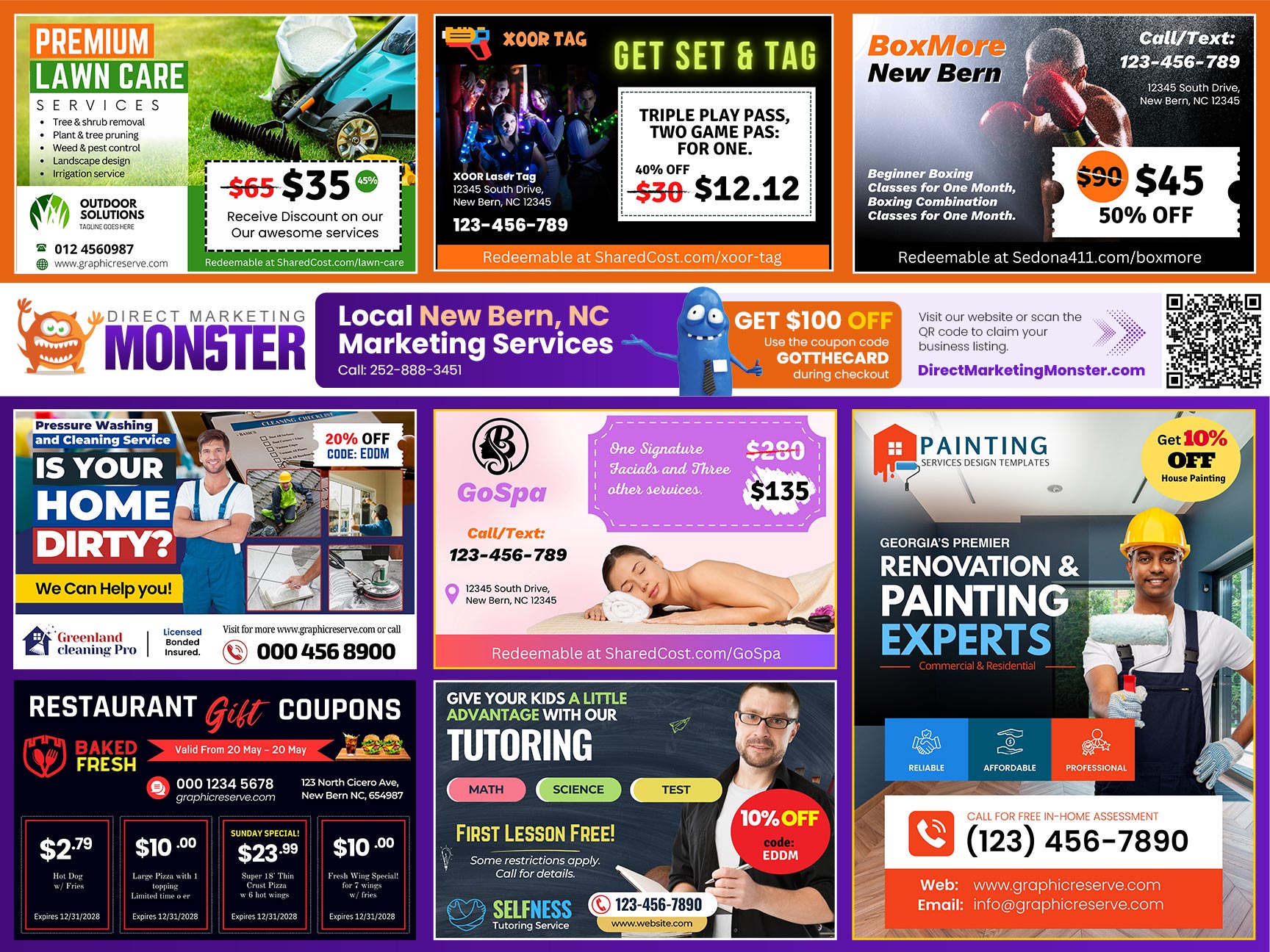 November card, front — twelve advertiser slots around a Direct Marketing Monster banner