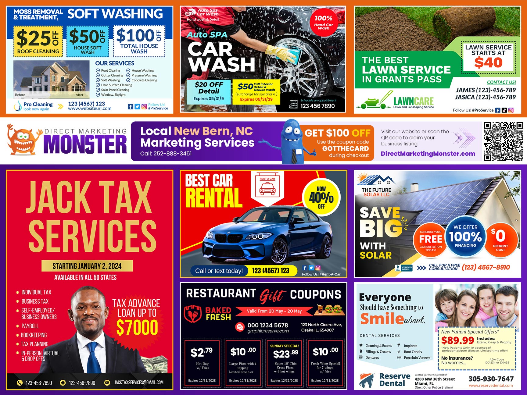 October card, front — twelve advertiser slots around a Direct Marketing Monster banner